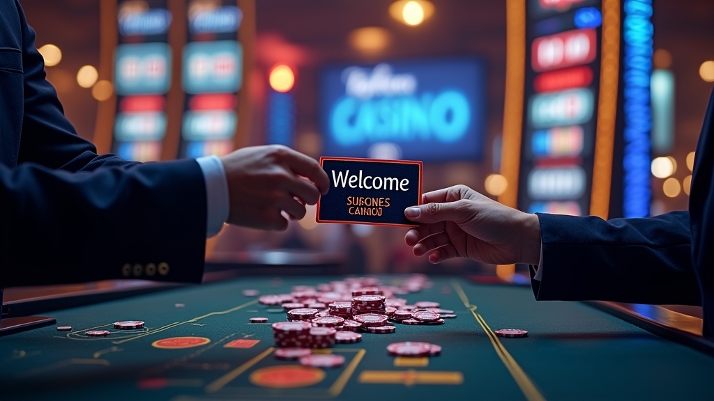 Novo jogador recebendo bônus de boas-vindas em um cassino com luzes neon