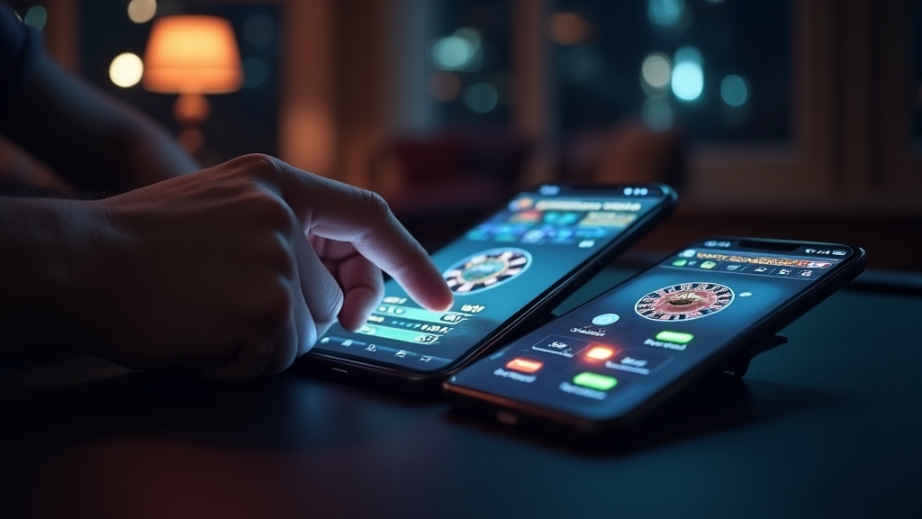 Celular e tablet mostrando o app Cbet em ambiente escuro